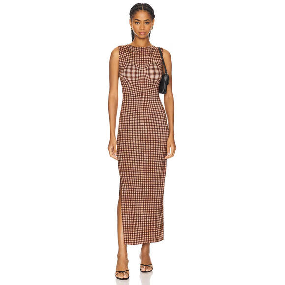 Revolve Miaou Selena Dress Warped brown Plaid open back size M NWT - Picture 2 of 11